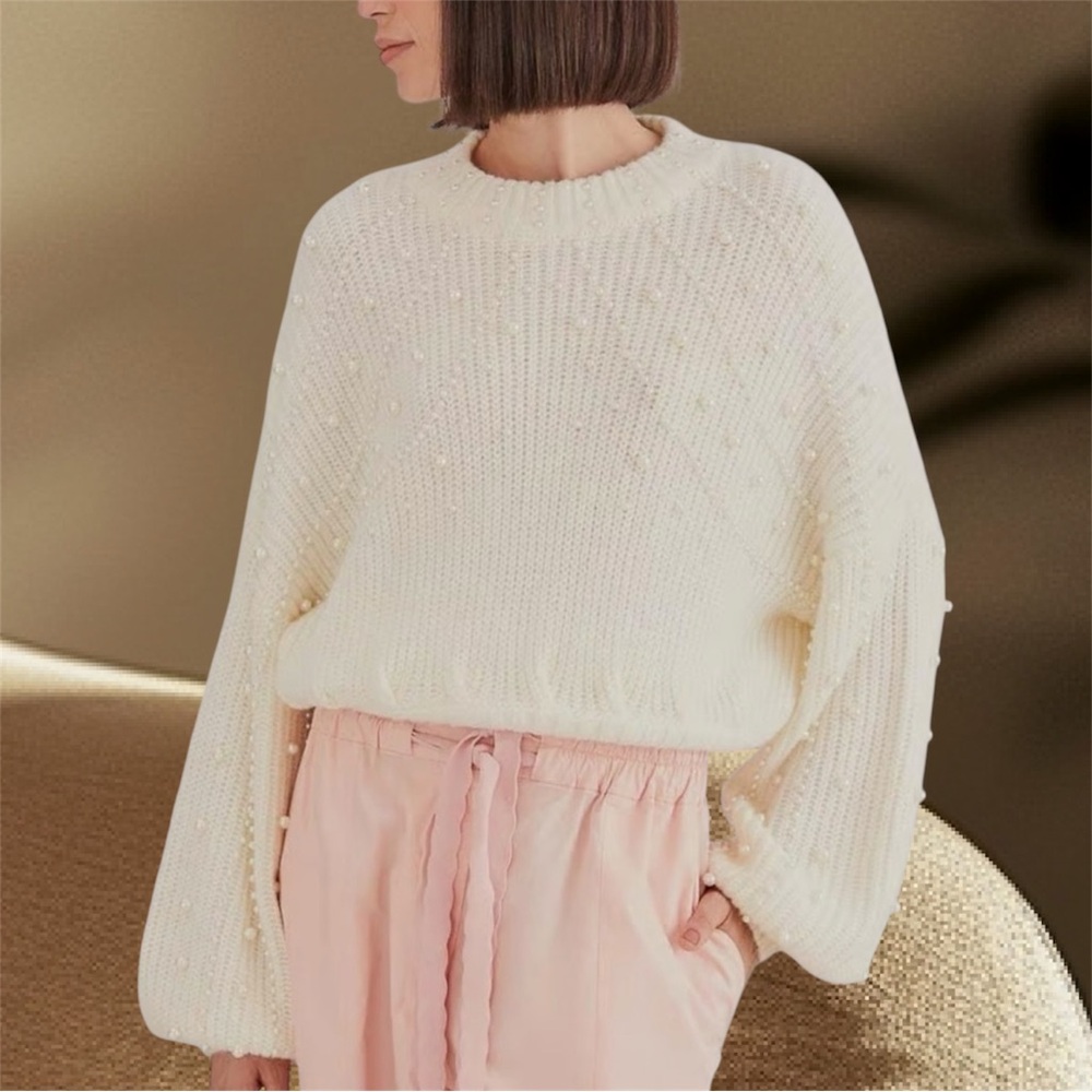 Farm Rio Pearl Embroidered Bubble Sweater Off White Knit NWT Medium - Picture 4 of 16